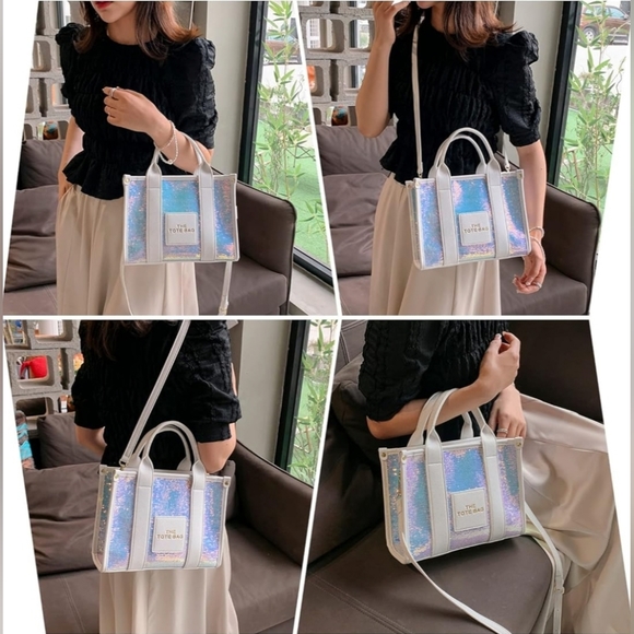 NEW BEAUTIFUL WHITE IRIDESCENT SEQUIN TOTE BAG - Picture 2 of 11